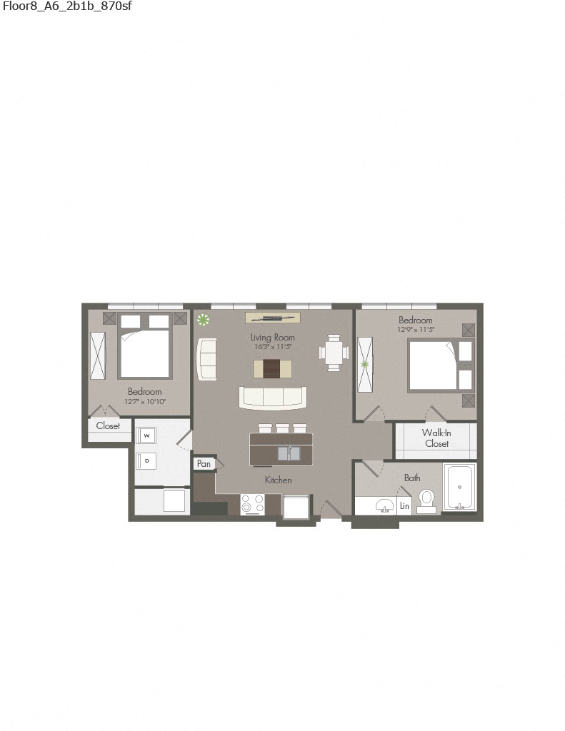 Floor plan for 1 bed, 1 bath, 889 sqft